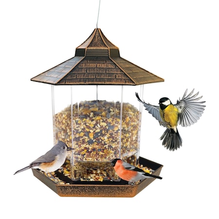 Sun Joe Wild Bird Hanging Feeder, Hexagon Shape w/ Roof, 2.15 lb Seed Capacity, Bronze SJ-WBFX-BRZ